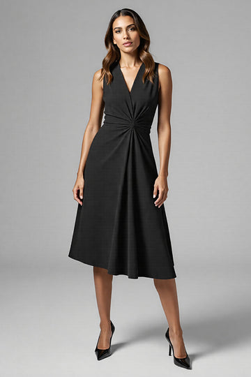 Black A Line Ruched V Neck Midi Work Dress